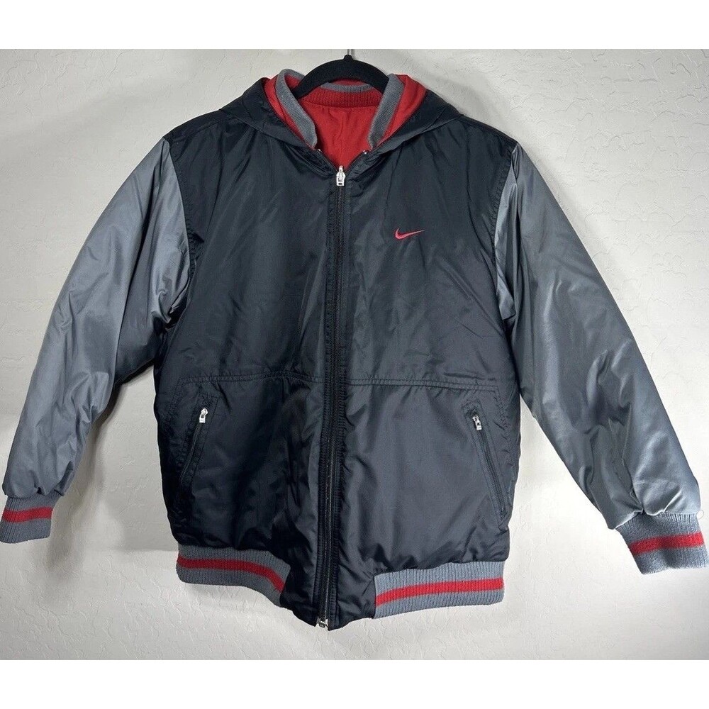 Nike Reversible Puffer Jacket Kids Yourh Size L Black Red Grey Hooded Full Zip